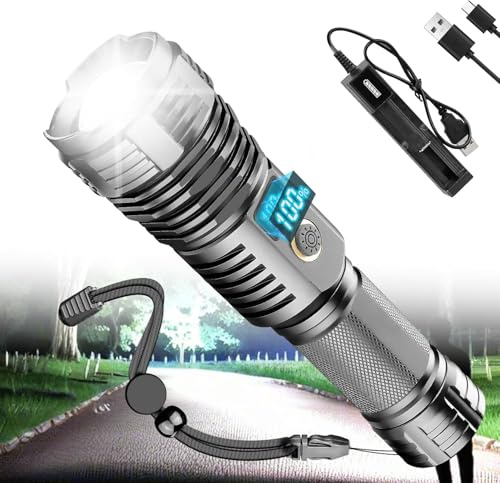 NAKCNM Taschenlampe LED Aufladbar mit Batterie und LCD Stromanzeige, LED Taschenlampe Extrem Hell 12000 Lumen, 5 Modi, Wasserdicht, 30 Std. Akkulaufzeit für Outdoor Camping Wandern Angeln