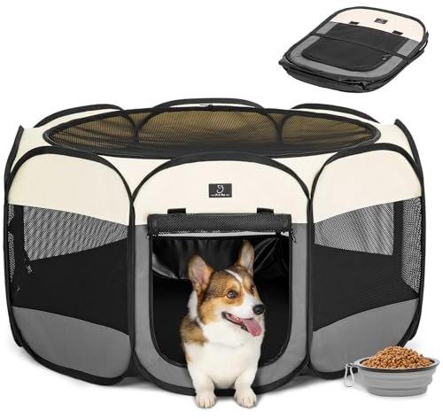 A 4 Pet Laufstall für Mittelgroße Hunde, Indoor/Outdoor mit Abnehmbarem Oberteil, Wasserdichte Unterseite, Zusammenklappbar, mit Schale, Dunkelgrau und Beige