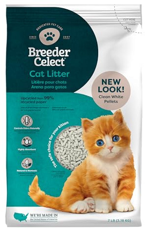 Breeder Celect® | 99% Recycled Paper Cat Litter Pellets | Highly Absorbent | Odor Control | Controls Odors Naturally | Natural and Nontoxic | Low Dust and Easy to Clean | 7 lb Bag