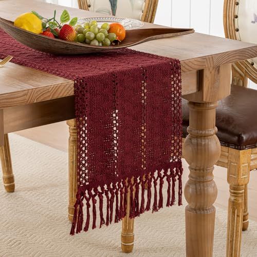 Serento Tischläufer Burgunder Rot mit Quasten Makramee Tischläufer Landhausstil 30x180cm Rustikale Boho Tischdeko Bauernhaus für Urlaub Party Hochzeit