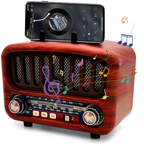 Radio retro con Bluetooth 5.0, AM/FM/SW, nostálgico con batería de 1800 mAh, soporte USB/TF/AUX, altavoz de cocina 5 W (rojo)