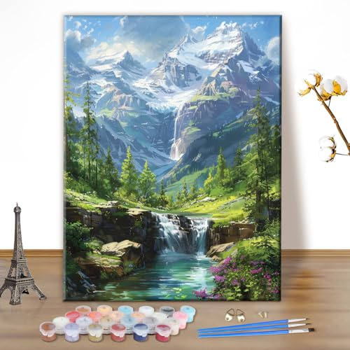 MEIYUDA Pintar por Numeros Adultos Montaña, Cuadros por Numeros Pigmento Acrílico Cascada, DIY Pintura por Numeros Kit Manualidades Adultos, Decoración para el Hogar Regalo de pared 30x40cm(sin marco)