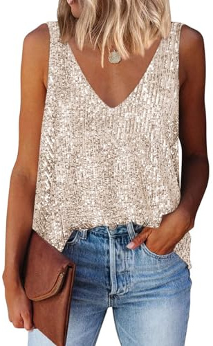 Minetom Femme Débardeur Col en V Gilet À Paillettes sans Manche Brillante Tank Tops Sequins Soiree Fête Bal Danse Club A Or M