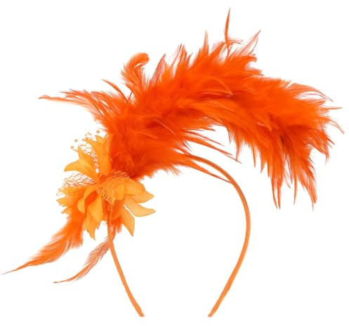 HUKUMA Feder Haarschmuck mit Blumen, Haarreif Orange Federn, Kopfschmuck 20er Jahre Damen, Federschmuck Haare für Fasching Karneval Cocktail Hochzeit Halloween Party
