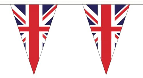 Banderines de bandera de Reino Unido, 5 m, triángulo, grande, 12 banderas del Reino Unido FlagSuperstore