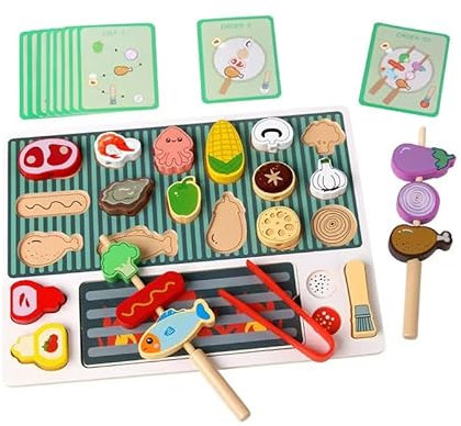Vndnsy Juego de alimentos de madera de juguete para barbacoa de 31 piezas para niños, accesorios de cocina de juegos, juguetes de rol, juguetes de comida para barbacoa, juego de rol, regalo para 3