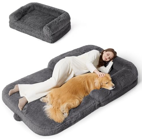 Bedsure Foldable Human Dog Bed - 2 in 1 Flexible Giant Human Dog Bed for Adult People with Supportive Bolster Egg Foam, Waterproof Liner, Calming Fluffy Faux Fur Orthopedic Big Bean Bed, Dark Grey