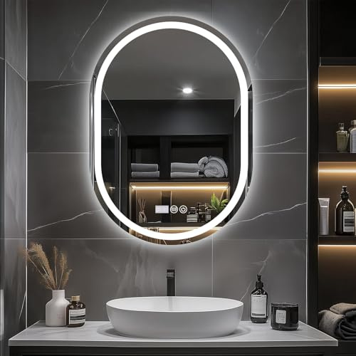 Trintion Badspiegel Mit Beleuchtung,Oval Spiegel mit Beleuchtung, Badspiegel mit Touch-Schalter, Beschlagfrei,3 Lichtfarbe 3500K-6500K (60x80cm+Uhr+ Beschlagfrei+Dimmbar)