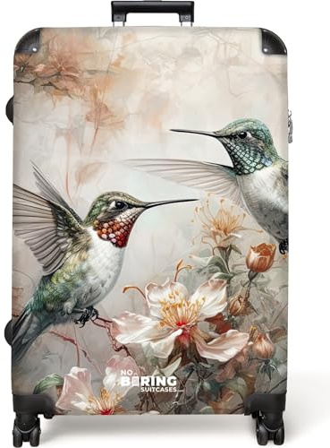 NoBoringSuitcases© Koffer XL Groß Reisekoffer mit 4 Rollen Leicht Trolley | 77x51.5x28 cm - Hartschalenkoffer Suitcase Large Tukan - Blumen - Farbenfroh