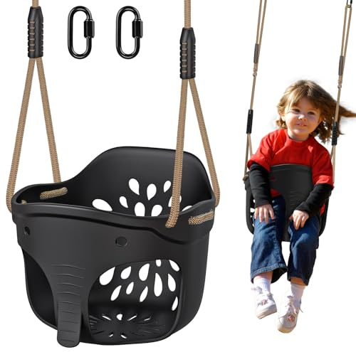 Dolibest Swing Seat, Kids Soft Plastic Bucket Swings Indoor/Outdoor Child Tree Swinging with High Back & Adjustable 130-200cm Rope for 1-3 Years Toddler/Baby, Black Elephant / 600lbs