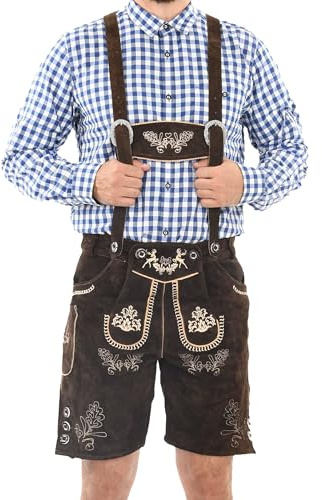 ALESSANDRO SALVARINI Herren Trachten Lederhose (46-60) - mit Trägern, Echtleder - AS451 - Dunkelbraun Größe 56 - Gr.56