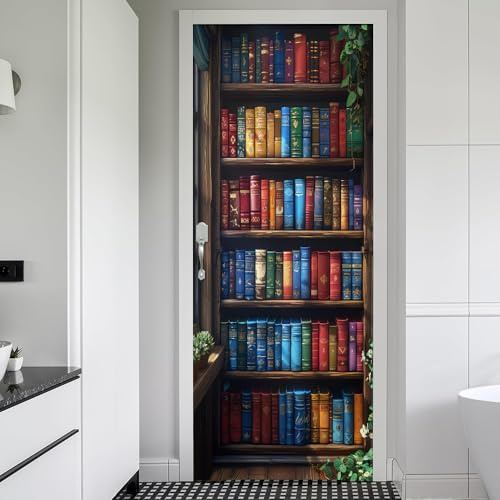 REDAMANCY Vintage Book Shelf Antique Blue/Red Peel and Stick Door Stickers Vinyl Mural Decals Decor Modern Wallpaper Self-Adhesive, Waterproof, Removable