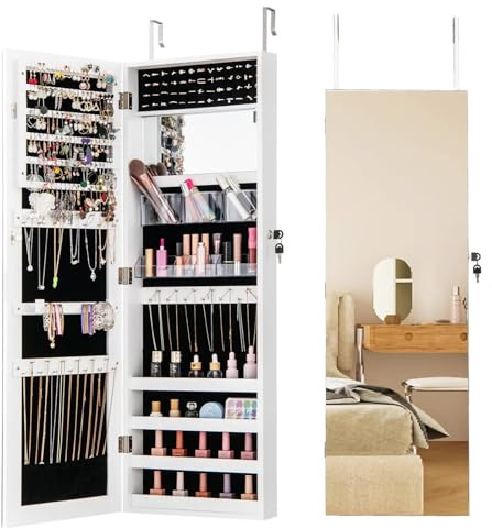 Multigot Mirrored Jewelry Cabinet, Door Hanging or Wall Mounted Jewelry Armoire with Full Length & Interior Mirror, Lockable Makeup Storage Organizer for Bedroom Dressing Living Room (White)