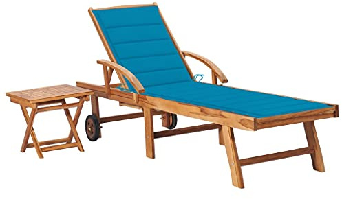 Lettino Prendisole in Legno Teak, con Tavolino e Cuscino Integrato, Design Regolabile 3 Posizioni, Sdraio da Giardino, Lettino da Spiaggia, per Giardino e Balcone, Colore Blu, 195 x 59.5 cm