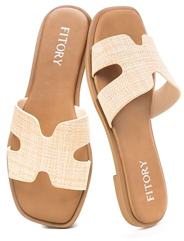 FITORY Women's Slide Sandals, Flat Fashion Square Open Toe with Cushion Slippers for Summer Beach Size 8 Raffia