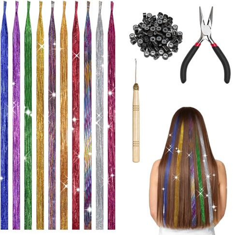Extensions Cheveux Colorés, 60 Pièces Extensions de Raides a Clip Mèches de Cheveux, Pince Crochet avec 100 Perles, Pince pour Tresses de Queue de Cheval pour Femmes Filles Party Festival