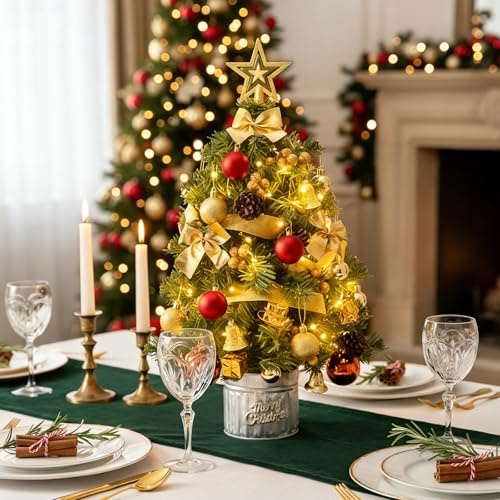 Aigostar Árbol de Navidad Pequeño con Luces Incorporadas, 60cm, Mini Christmas Tree con Adornos Colgantes y Guirnalda Lluces, Ideal para la Decoración Navideña del Interior del Hogar