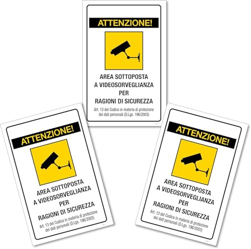 Set 3 Cartelli area videosorvegliata per ragioni di sicurezza 20cm x 30cm in PVC - GDPR - Cartelli videosorveglianza per negozio e proprietà privata lunga durata nel tempo