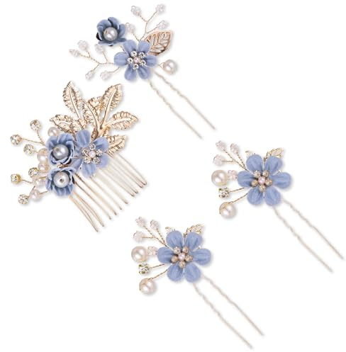 4 Stück Hochzeit Haarschmuck, Hochzeit Blau Haarschmuck Braut Haarschmuck mit Perlen Hochzeit Blumen Haarschmuck Mädchen Haarschmuck für Braut Brautjungfern Kommunion, Prom Partei