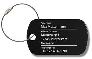 Gepäckanhänger aus Aluminium, Schwarz, Weltkarte Gravur, Personalisiere Adresse, mit Stahlband und Schraubverschluss, 1 mm Stärke,