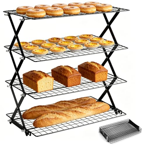 4 Tier Collapsible Cooling Rack for Baking, Expandable and Foldable Cookie Oven Racks,Non Stick Wire Cooling Rack Baking Tools & Accessories,Foldable Baking Rack for Cookies,Cake,Bread, Kitchen & Camp
