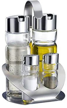 Westmark Ampolliera per sale, pepe, olio e aceto, 5 pezzi, Capacità: 2x 40 ml/2x 160 ml, Acciaio inox/Vetro, Wien, Argento/Trasparente, 65052260