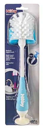 Nuby 2-in-1-Reinigungsbürste für Flaschen und Nippel mit Saugfuß, Farben können variieren
