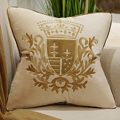 Avigers 18 x 18 Inch Embroidery Velvet Cushion Cover Shield Luxury European Pillow Case Pillowcase Home Decorative for Sofa Chair Bedroom Throw Pillow, Beige