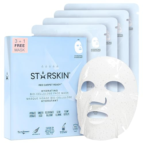 STARSKIN Red Carpet Ready (3+1), Coconut Bio-Cellulose Hydrating Face Mask for all Skin Types, Glass Skin, Korean Skincare Mask, Instant Hydration, Revitalizing and Moisturizing, K Beauty Skincare