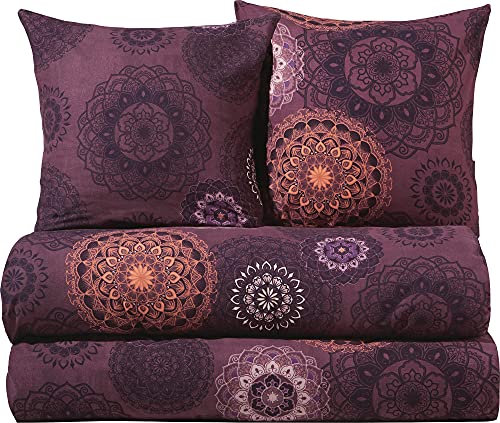 Erwin Müller Bettwäsche, Bettgarnitur Sparpaket 4-TLG. Flanell - Mandala - mollig warm, temperaturregulierend, mit praktischem Reißverschluss - aubergine Größe 80x80 cm / 155x220 cm