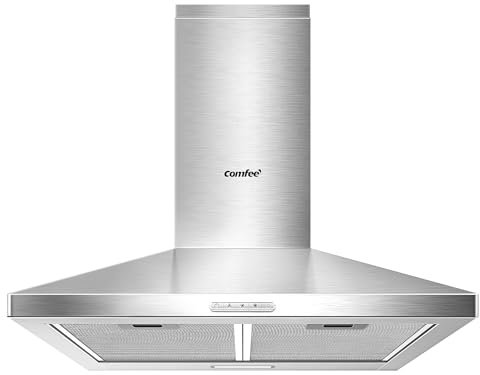 COMFEE' 60 cm Chimney Cooker Hood Stainless Steel Extractor Hood with LED and Recirculating & Ducting System Wall Mounted Range Hood 600 mm Extractor Fan - Silver KWH-PYRA17SS-60