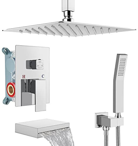 Midanya Ensemble de robinet de douche en chrome poli avec pomme de douche carrée 25,4 cm monté au plafond et pulvérisateur portatif avec bec cascade et mitigeur à valve encastrée
