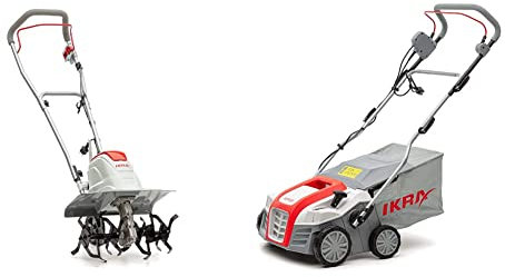 IKRA Elektro Bodenhacke Kultivator FEM1500, Arbeitsbreite 17-45cm, Arbeitstiefe bis 23cm & Elektro Vertikutierer Rasenlüfter IEVL 1840 Fangkorb 55l Arbeitsbreite 40cm Grau/ Rot/ Schwarz