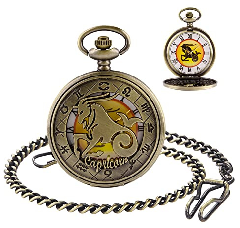 Capricorne Montre de poche avec cadran blanc vintage douze constellations - Motif circulaire - Boîtier en bronze - Cadeau du zodiaque pour homme et femme - Chaîne de 78 cm