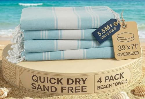 LANE LINEN Oversized Beach Towel - Cotton Rich Beach Towels 4 Pack, Pre-Washed Pool Towel, Extra Large Beach Towel, Quick dry & Sand Free, Lightweight Travel Towel, 39x71 - Aqua