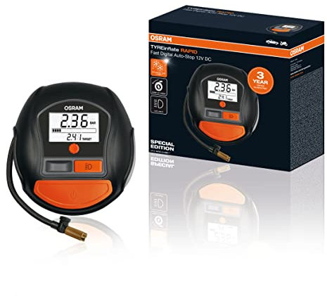 OSRAM TYREinflate RAPID, compresor de aire digital de 12V, compresor portátil, auto-parada, luz LED, programable, compresor de aire eléctrico para neumáticos, conexión 12V, infla neumáticos en 2 min