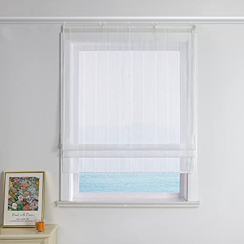 ESLIR Raffrollo mit Klettband Wohnzimmer Raffgardine Voile Küche Gardinen Landhaus Bändchenrollo Weiß Vorhänge Transparent Raffstore mit Vertikale Streifen BxH 100x140cm 1 Stück