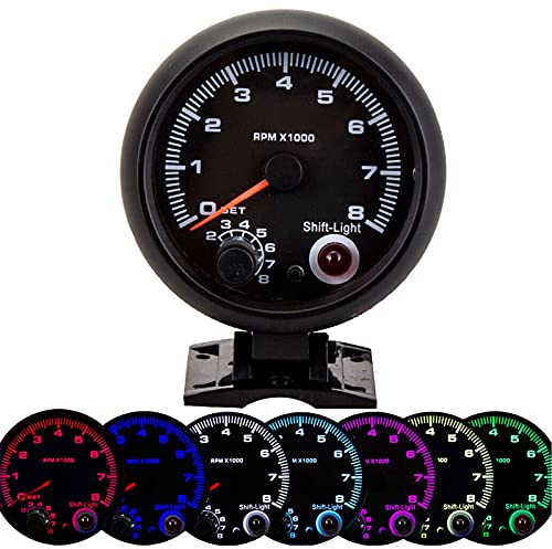 3,75-tums 12V Bilvarvräknare, Varvräknare 0‑8000RPM Pointer Tacho-mätare Med Justerbart Växlingsljus För 12V Bensinfordon