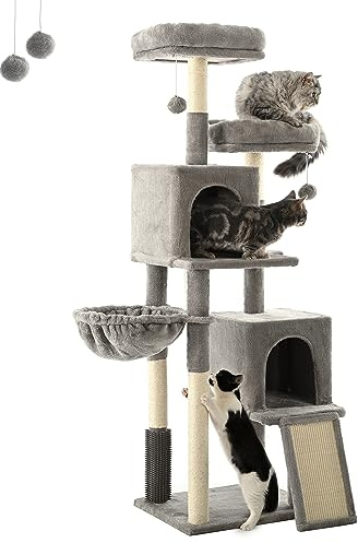 FourFurPets Intérieur Arbre à Chat 156cm, Tour de Jeux, avec escaliers en sisal， 2 Plate-Formes, 2 Niches, Panier, Pompons, Gris Clair