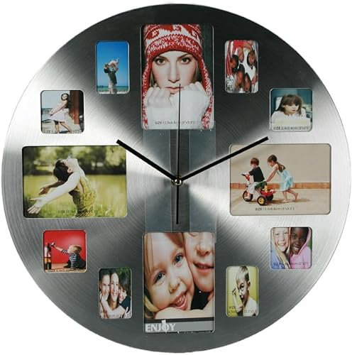 formano wunderschöne Fotouhr 38cm rund,Wanduhr für 12 Fotos, Aluminium Design Uhr, Fotogalerie Bilderrahmen Bildergalerie Edelstahl Look
