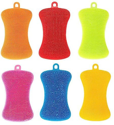 SamHeng Silicone Dish Sponge, 6 Pcs Kitchen Dish Washing Brushes Multi-functional Cleaning Scouring Brushes Scrubber for Washing Vegetable Fruits Bowl Dish Pot Pan