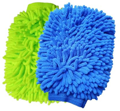 HeGangLy Confezione da 2 guanti per lavaggio auto, in ciniglia e microfibra, antigraffio, per la pulizia dell'auto, guanti per la pulizia della casa (verde/blu).