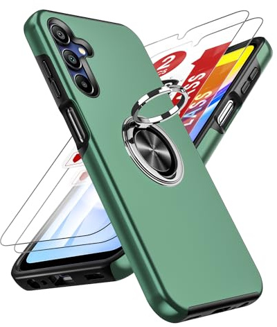 LeYi for Samsung Galaxy A15 4G/5G Phone Case with 2 Tempered Glass Screen Protector and Invisible Phone Ring Holder, Heavy Duty Protection Shockproof Cover for Samsung Galaxy A 15 - Light Green