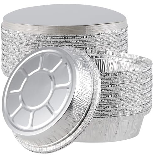 LEXININ 50 Pack 1350ml Round Aluminum Foil Pie Pans, 9 inch Round Foil Trays Containers with Lids for Baking, Air Fryer