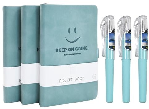 BieFuDan 3 Stück Notizbuch A6 mit Stifthalter,Mini Smiley Notizbuch mit 3 Gelstiften schwarz, Mini Notizblock Set geeignet für Büro und Schule,Smile-Design Tagebuch/Tagebuch mit Gummiband (Blau)