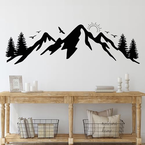 GRAZDesign Wandtattoo Berge mit Sonnenuntergang Camping, Camper, Reise für Wohnzimmer, Flur, Innen und Außen - 96x30cm / dunkelgrau