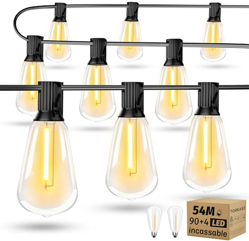 Torkase Outdoor String Lights Mains Powered,180FT ST38 Garden Festoon Lights with 90 Shatterproof ST38 Plastic LED Edison Bulbs Waterproof for Outside Patio Pergola Decor Cafe