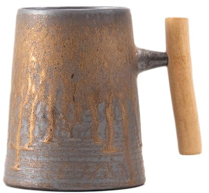 IYUEKE Japanese Style Vintage Ceramic Coffee Mug Tumbler Large Capacity 600ml Rust Glaze Tea Milk Beer Mug with Wood Handle Water Cup Home Office Drinkware (Grey B)