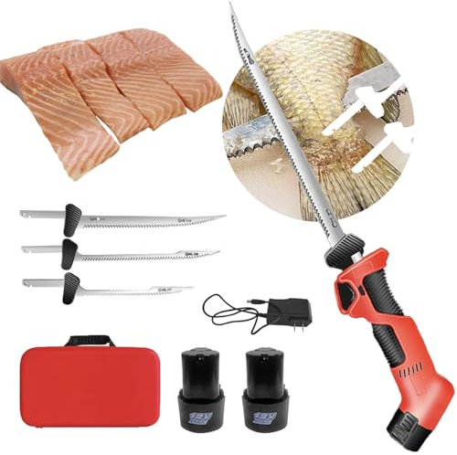 aromaoveite Coltello per Filetti di Pesce Ricaricabile | Coltello Elettrico per Filetti A Batteria con Lame Rivestite Antiaderenti/ 2 Batterie agli Ioni di Litio/Serratura di Sicurezza/Borsa,Red