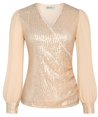 GRACE KARIN Damen Pailletten Bluse Chiffon Langarm Wickelbluse V-Ausschnitt Glitzer Party Tops Festliche Cocktail Oberteile